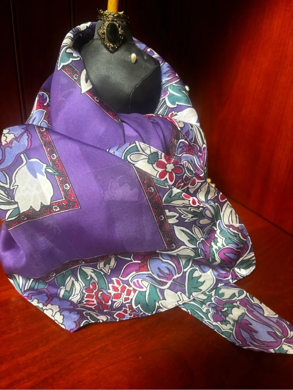 Vintage Floral Print Silk Scarf Blue Purple Pink Multi-Color